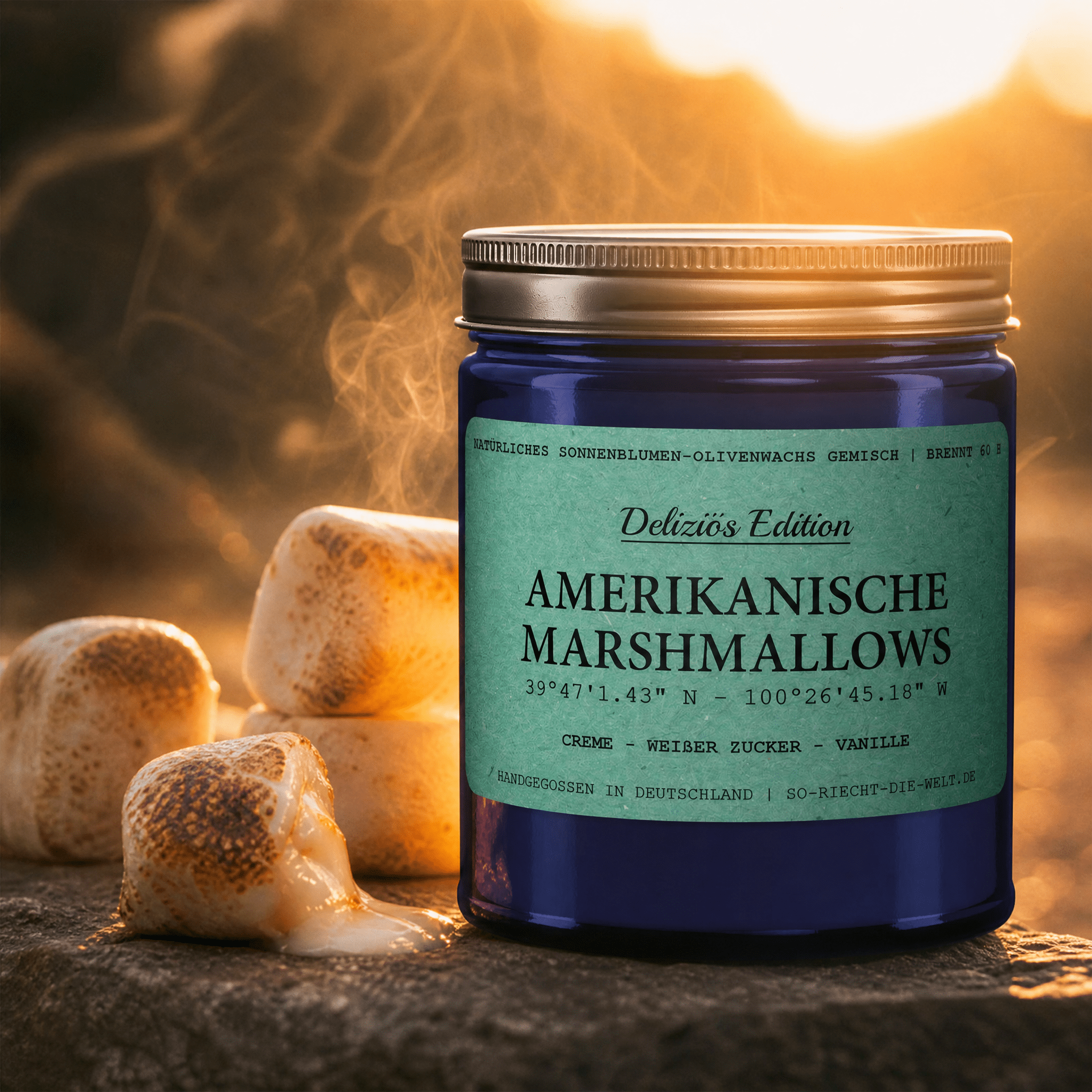 Duftkerze „Amerikanische Marshmallows", neben gerösteten Marshmallows am Lagerfeuer – Creme, Weißer Zucker und Vanille