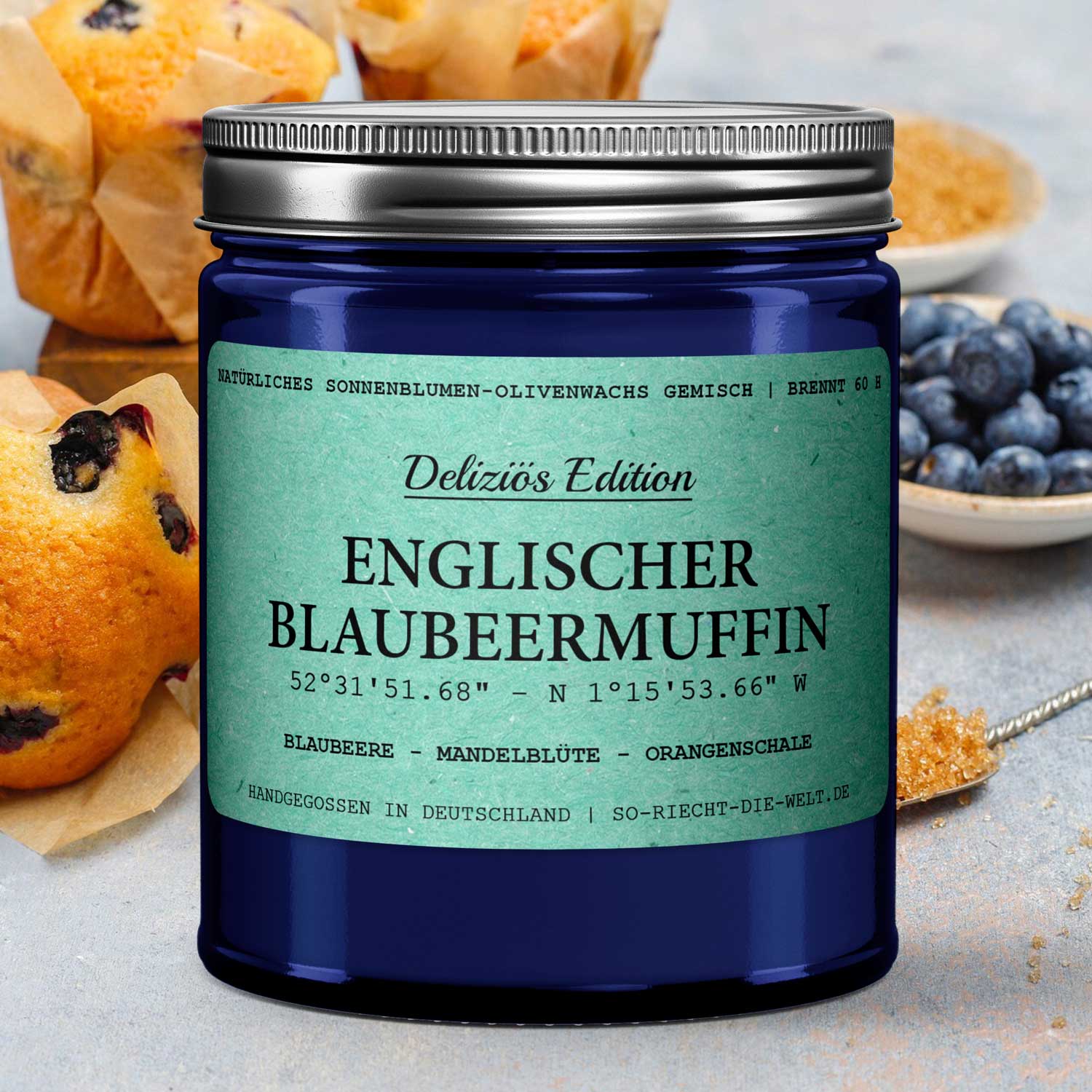 [Deliziös] Englischer Blaubeermuffin Duftkerze - Blaubeere | Mandelblüte | Orangenschale - VON GRAU4260590540867Einzelne KerzeSo-riecht-die-welt