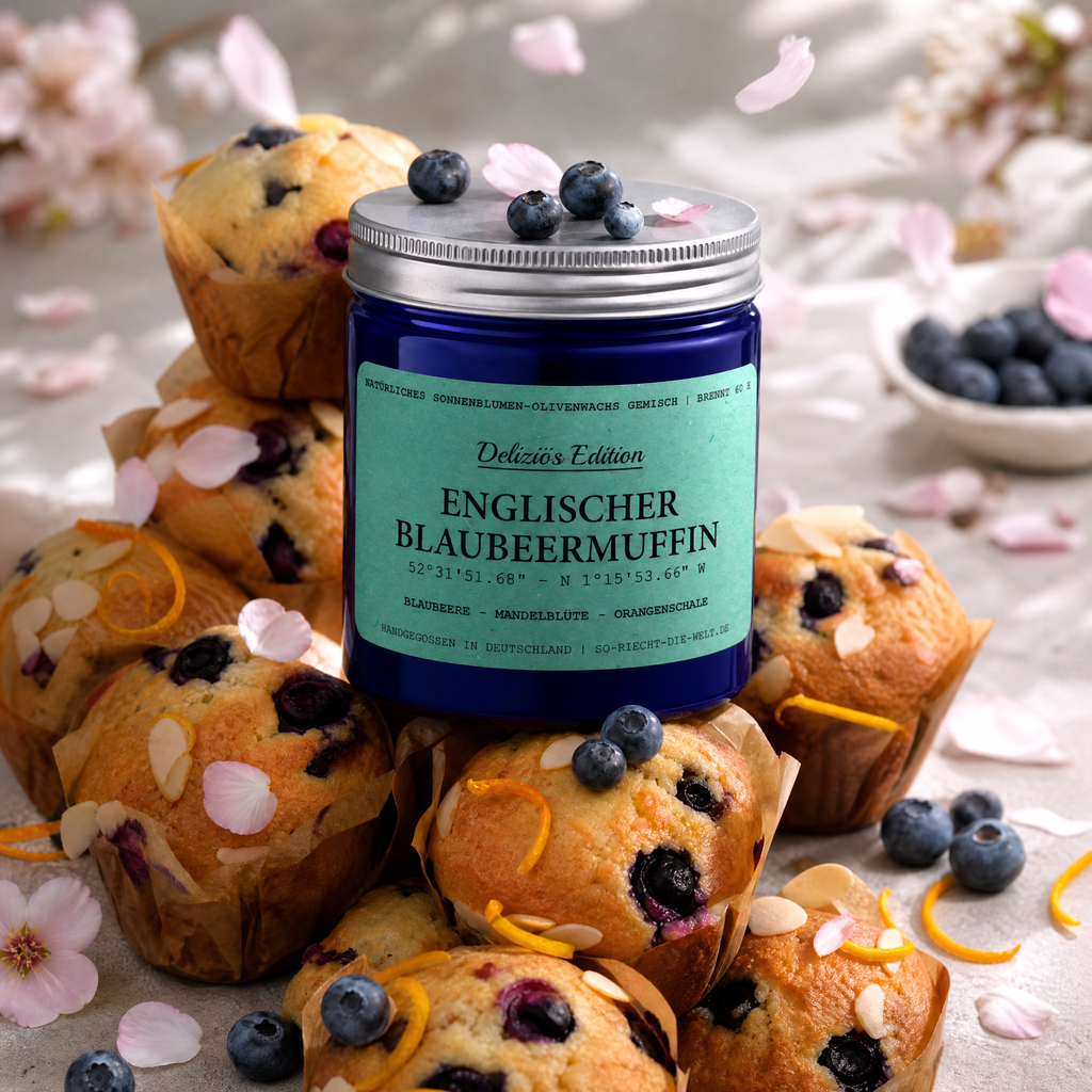 [Deliziös] Englischer Blaubeermuffin Duftkerze - Blaubeere | Mandelblüte | Orangenschale - VON GRAU4260590540867Einzelne KerzeSo-riecht-die-welt