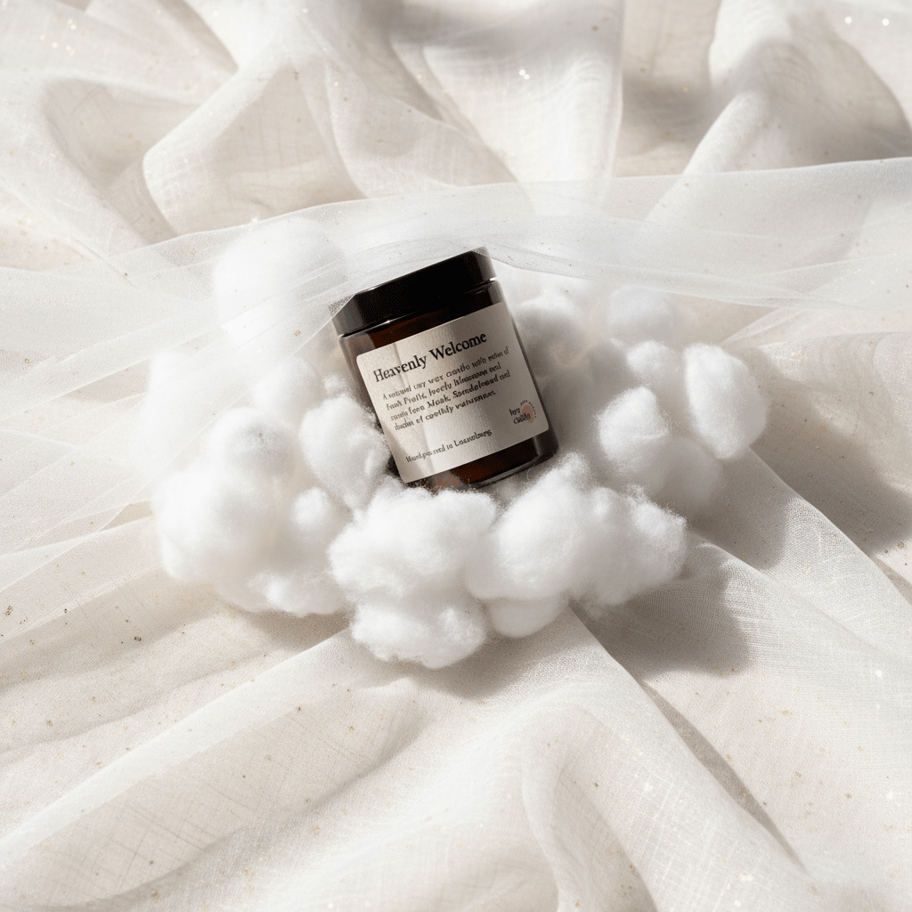 Bernsteinglas-Kerze auf weißem Wolken-Styling aus Watte und Tüll – „Heavenly Welcome", sanft, elegant und einladend