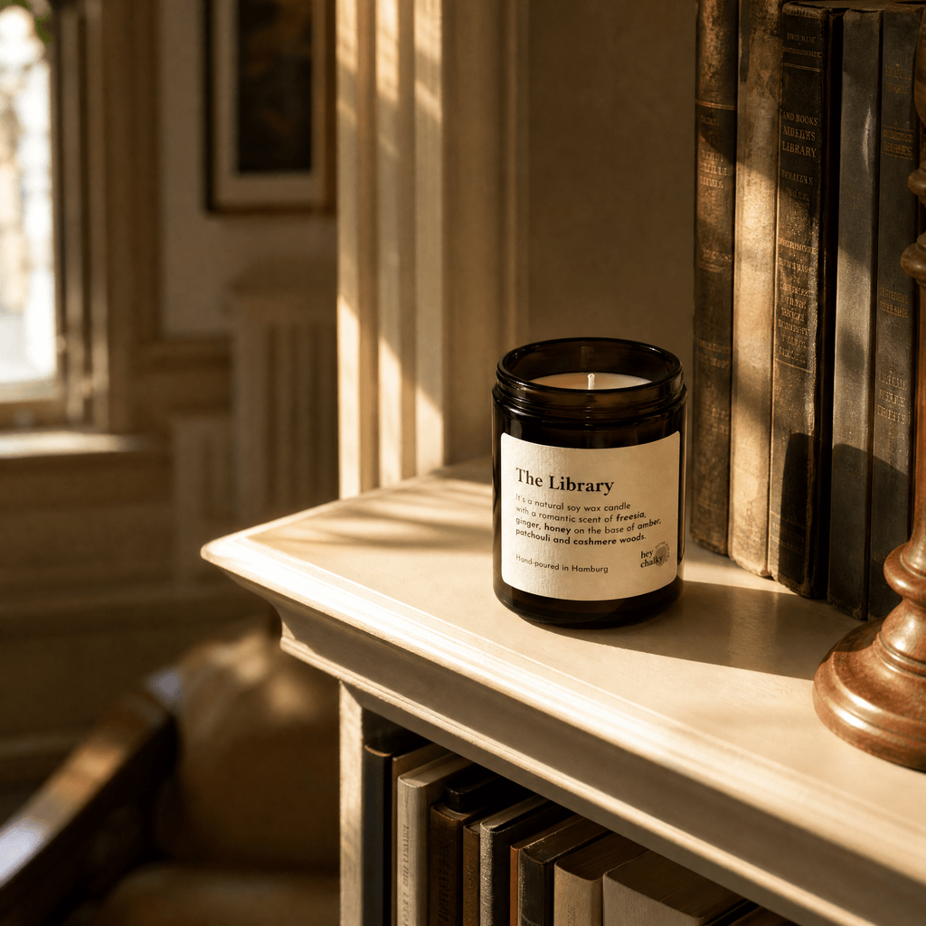 „The Library" Kerzen auf dunklem Holzschrank, englische Bibliothek mit Goldrahmen-Gemälde