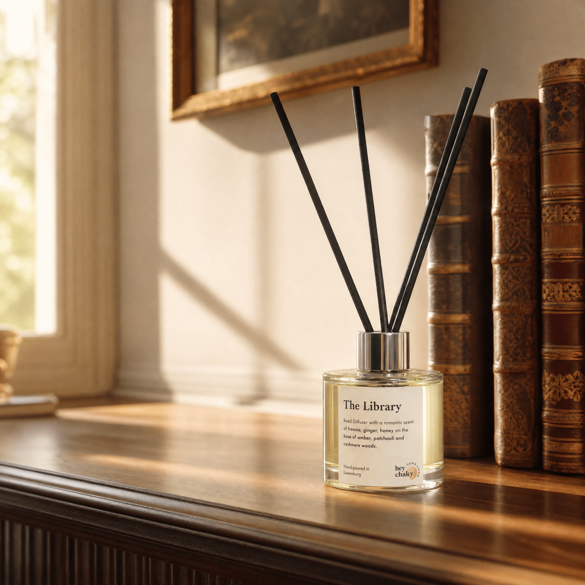 Reed Diffuser „The Library" neben antiken Lederbüchern – Amber, Sandelholz und Vanille, klassisches Bibliothek-Interieur