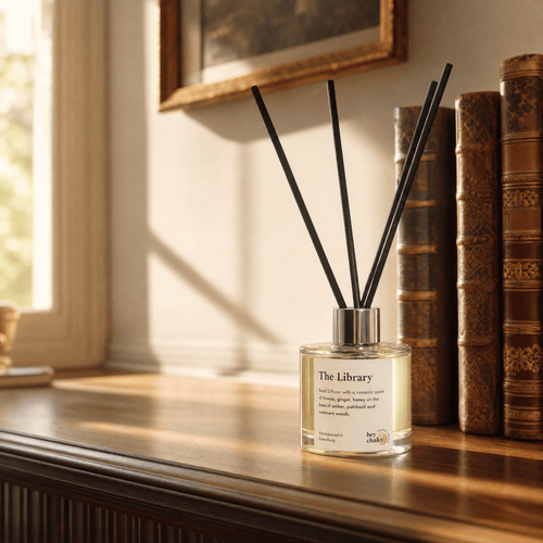 Reed Diffuser „The Library" neben antiken Lederbüchern – Amber, Sandelholz und Vanille, klassisches Bibliothek-Interieur