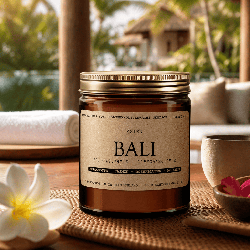 „Bali" auf Teakholztisch mit Frangipani-Blüte, Blick auf Bali-Poolvilla – Bergamotte, Jasmin, Rosenblüten und Moschus