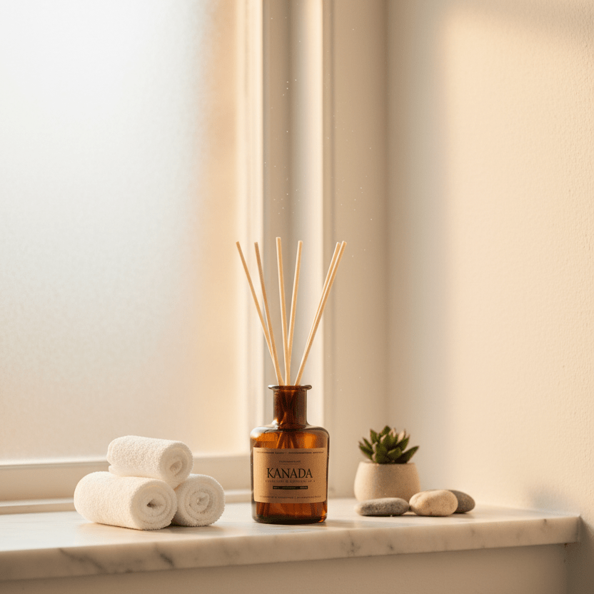 Diffuser „Kanada" auf Marmor-Fensterbank neben Handtüchern und Zen-Steinen – Holz, Patchouli und Amber, helles Badambiente