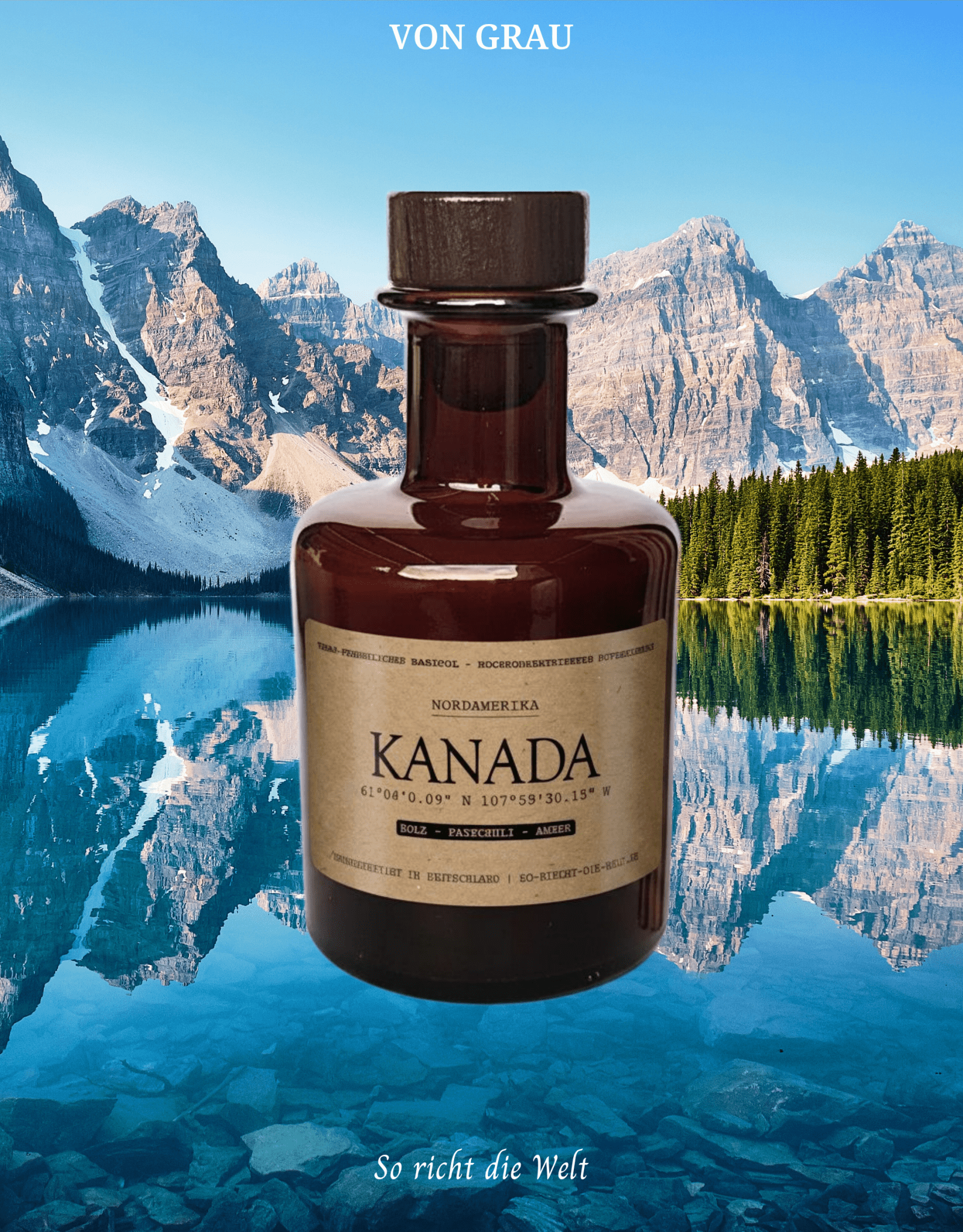Reed Diffuser „Kanada" – inspiriert von Kanadas Wildnis, Holz, Patchouli und Amber vor Schneebergen und Smaragdsee