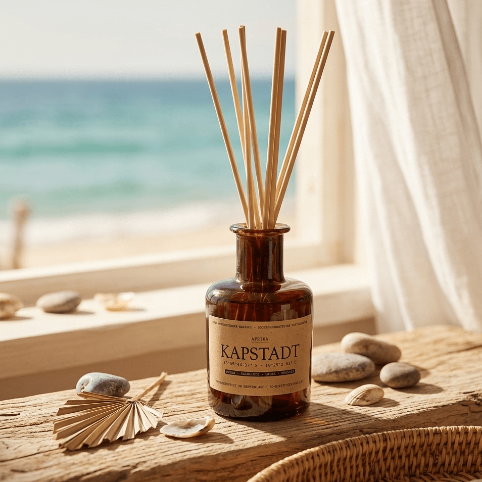 Reed Diffuser „Kapstadt" auf Fensterbank neben Muscheln – Meerblick, warmer Naturduft, afrikanisch inspiriert, handgefertigt