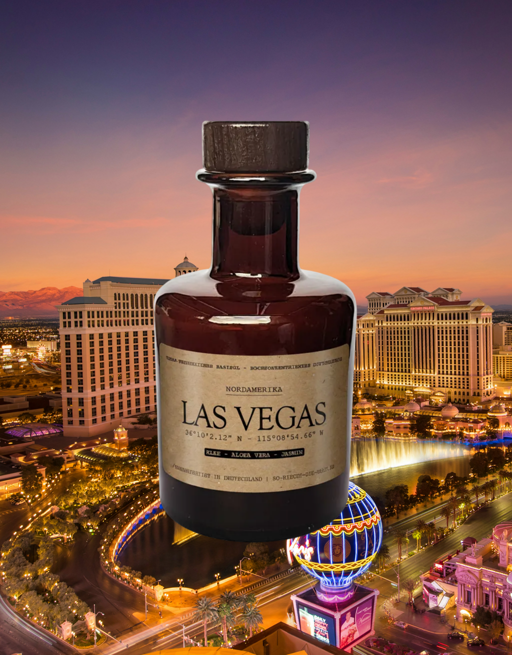Reed Diffuser „Las Vegas" im Bernsteinglas vor Casino-Kulisse – Duft nach Klee, Aloe Vera und Jasmin,