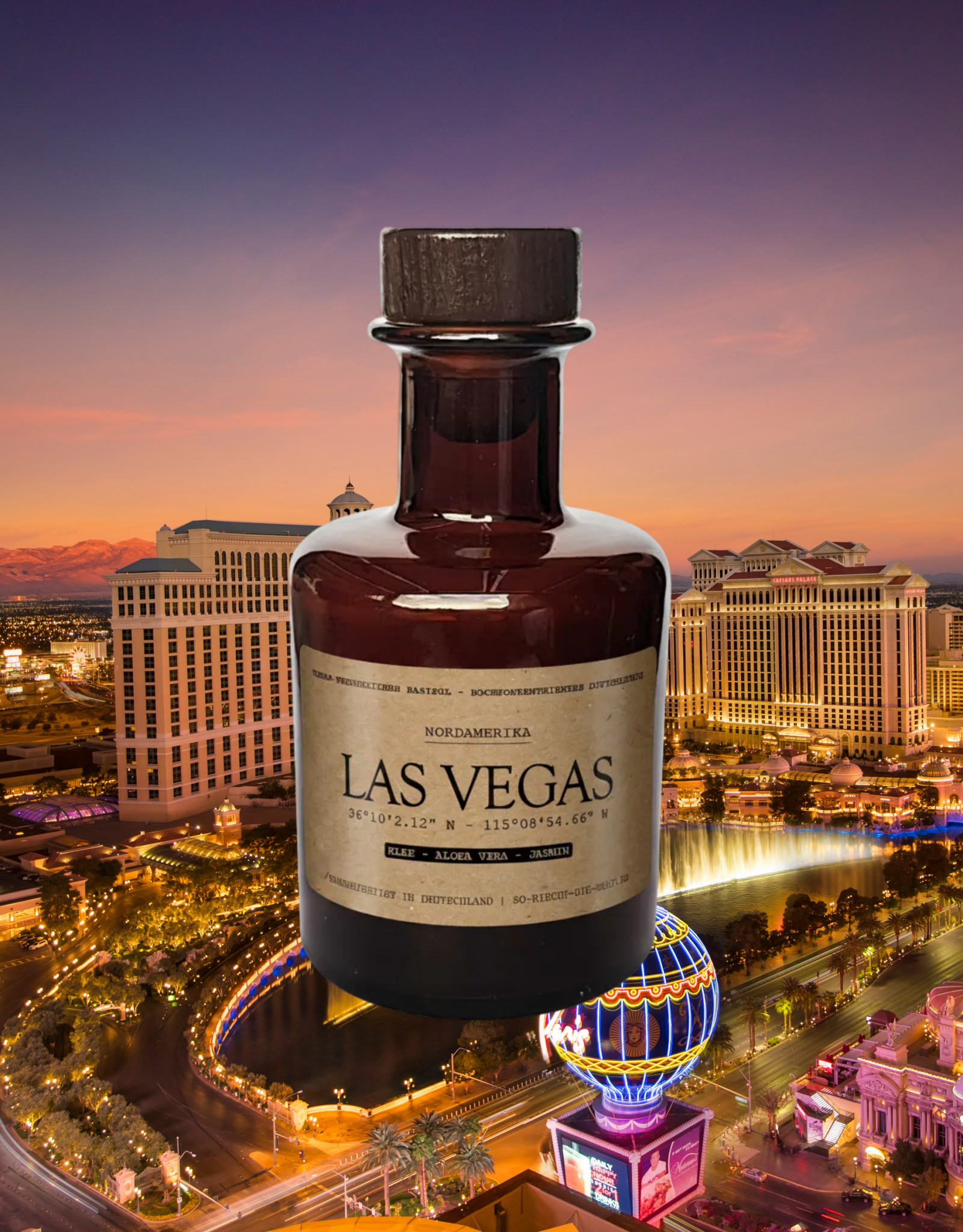Reed Diffuser „Las Vegas" im Bernsteinglas vor Casino-Kulisse – Duft nach Klee, Aloe Vera und Jasmin,