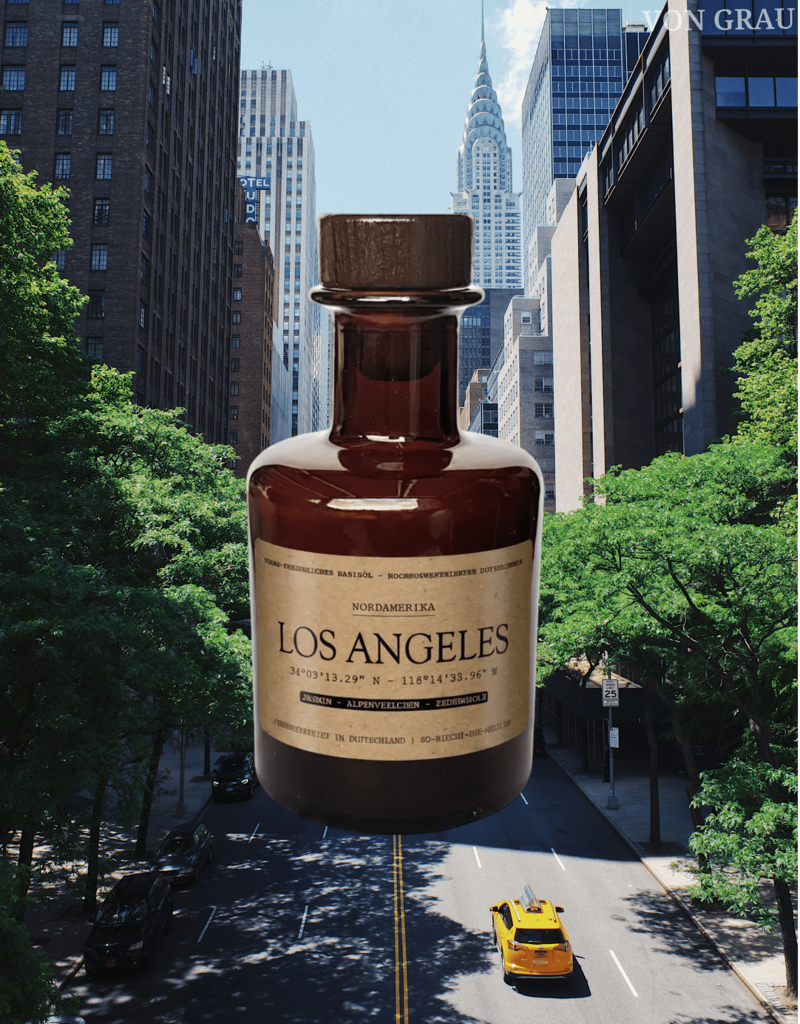 Reed Diffuser „Los Angeles" im Bernsteinglas vor Downtown-Skyline – Jasmin, Alpenveilchen und Zedernholz, handgefertigt
