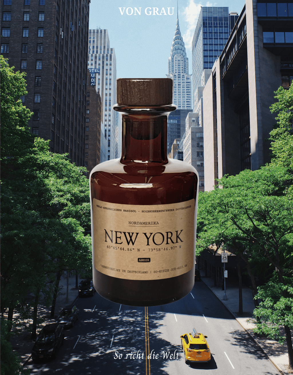 Reed Diffuser „New York" im Bernsteinglas vor Downtown-Skyline – Jasmin, Alpenveilchen und Zedernholz, handgefertigt