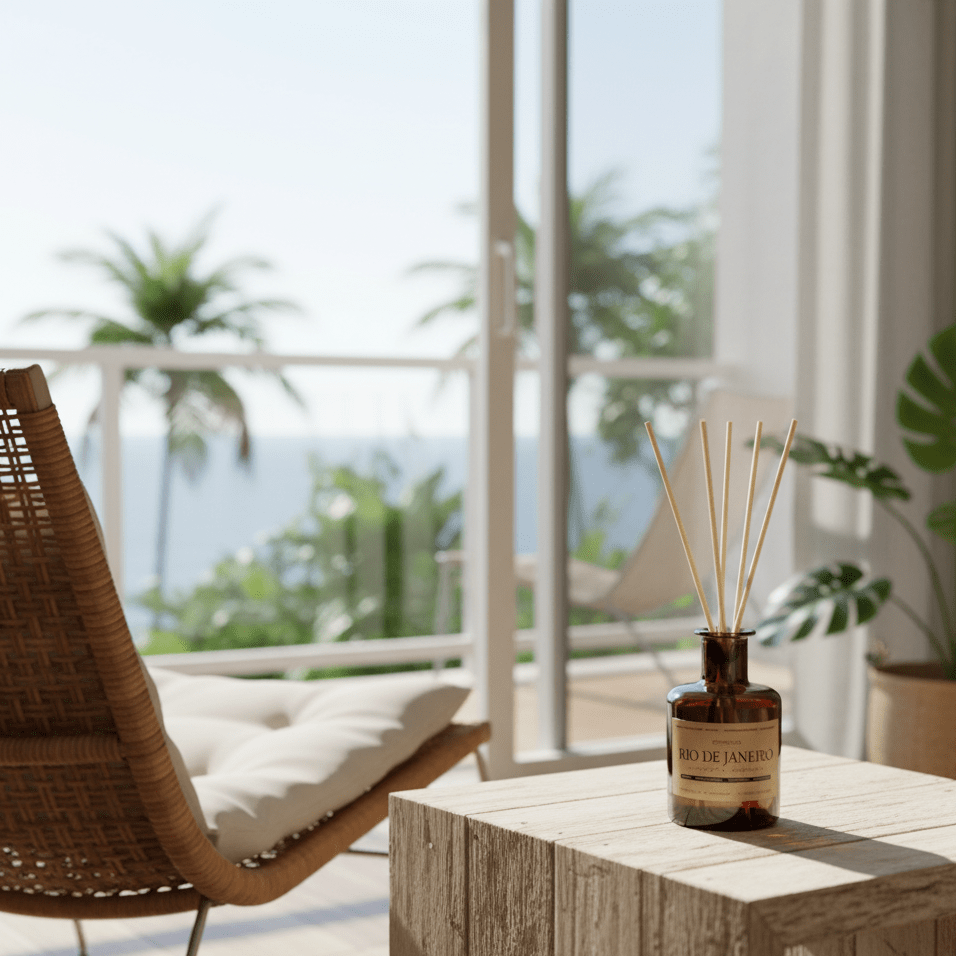 „Rio de Janeiro" Raumdiffuser in Strand-Villa neben Sessel – sommerlich-tropischer Duft für entspannte Urlaubsatmosphäre