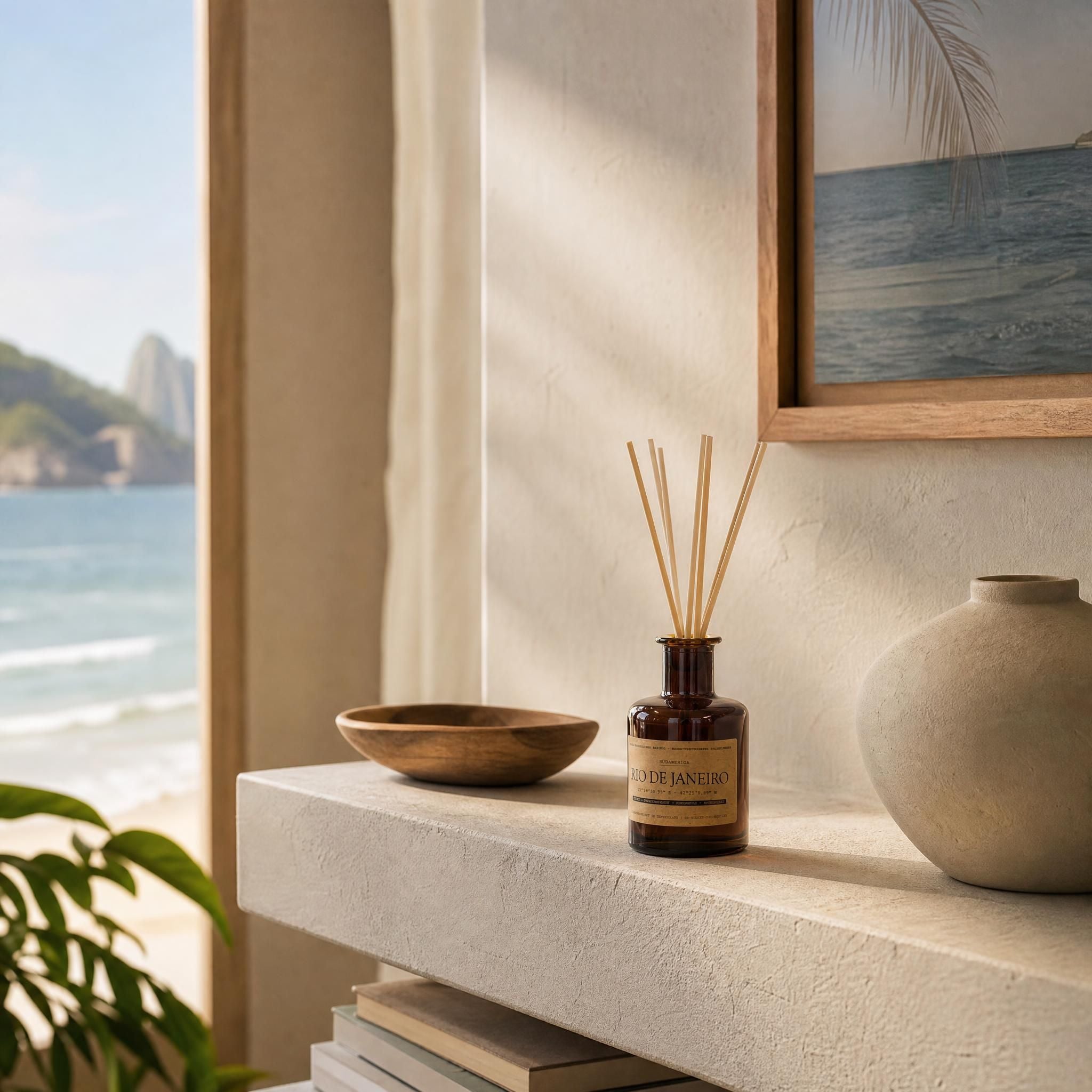 Reed Diffuser „Rio de Janeiro" auf hellem Kalkputz-Regal – sommerlicher Duft, Meerblick, natürliches Interieur