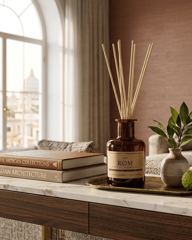 Diffuser „Rom" auf Marmor-Schreibtisch im klassischen Römer Hotel – Bergamotte, Trovita-Orange, Limette, Nachmittagslicht