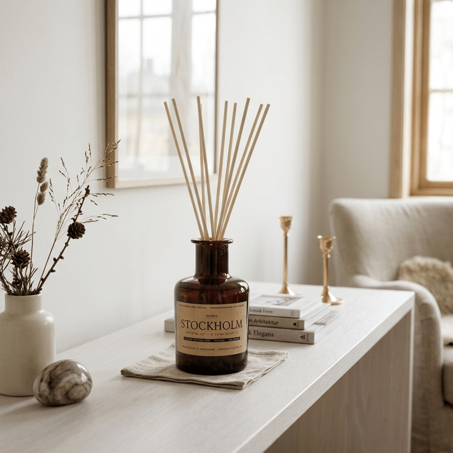 Reed Diffuser „Stockholm" im Bernsteinglas auf hellem Eichenregal – nordisch-holziger Duft, modernes Wohnzimmer in Weiß-Ivory