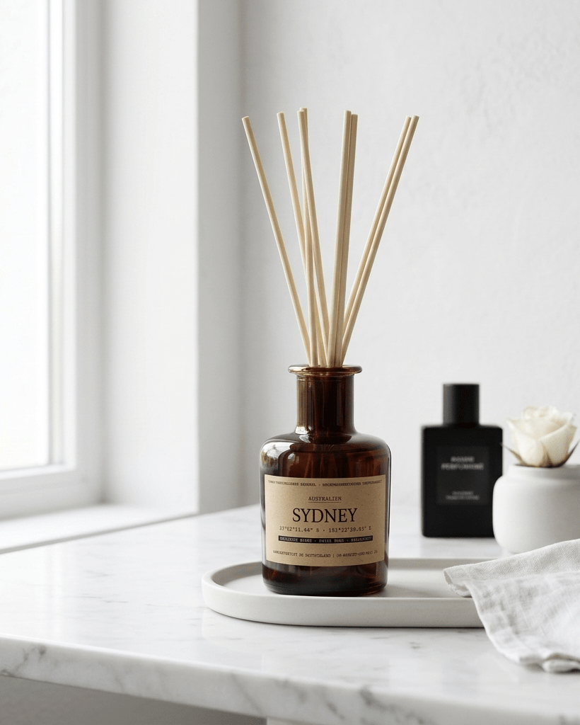 Reed Diffuser „Sydney" im Bernsteinglas auf Marmor-Waschtisch – Grüner Apfel, Weiße Rose, Sandelholz, helles Morgenlicht